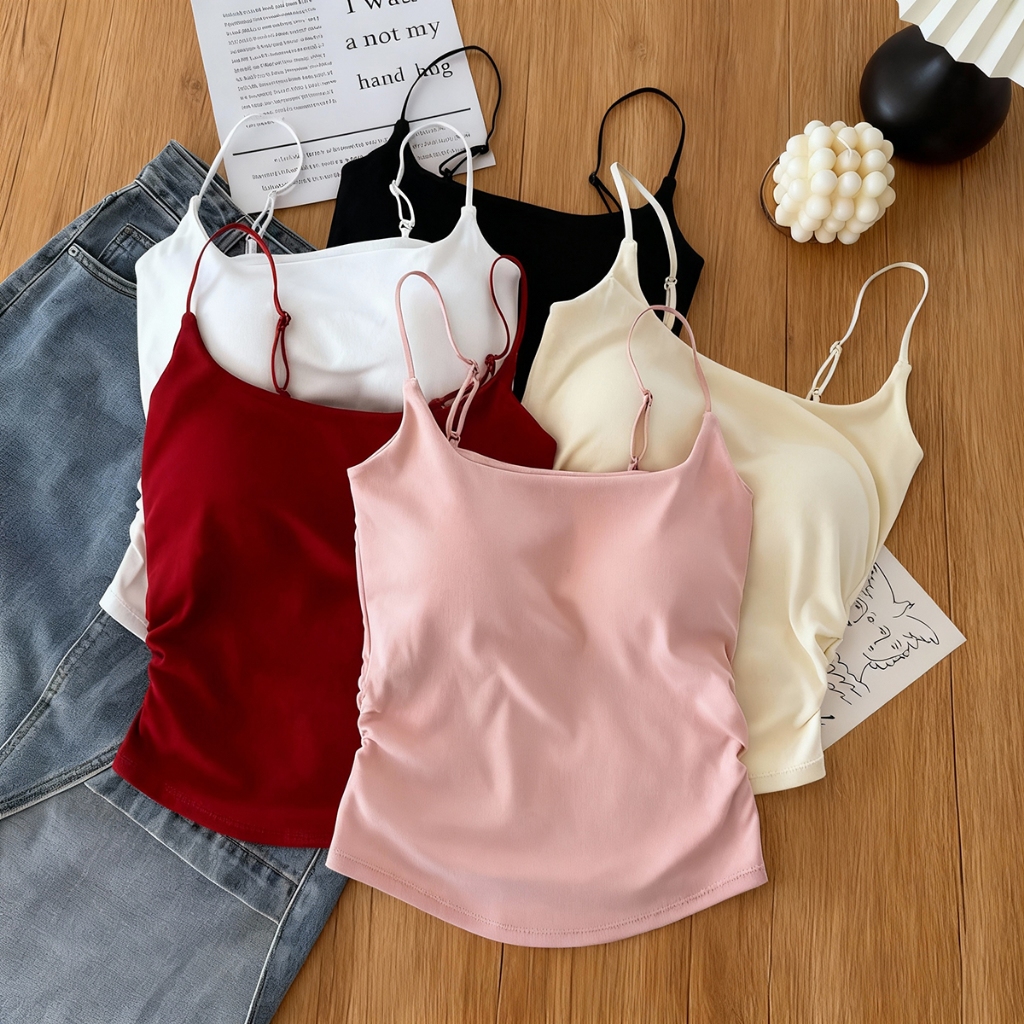 ผ้าเรย่อนใส่สบายมีบราในตัวใส่สบายเสื้อกล้ามผู้หญิง ฤดูร้อนลำลองไม่ร้อน สาวอวบใส่ได้แฟชั่นรัดรูปสีพื้นแขนกุดเสื้อกล้าม จั