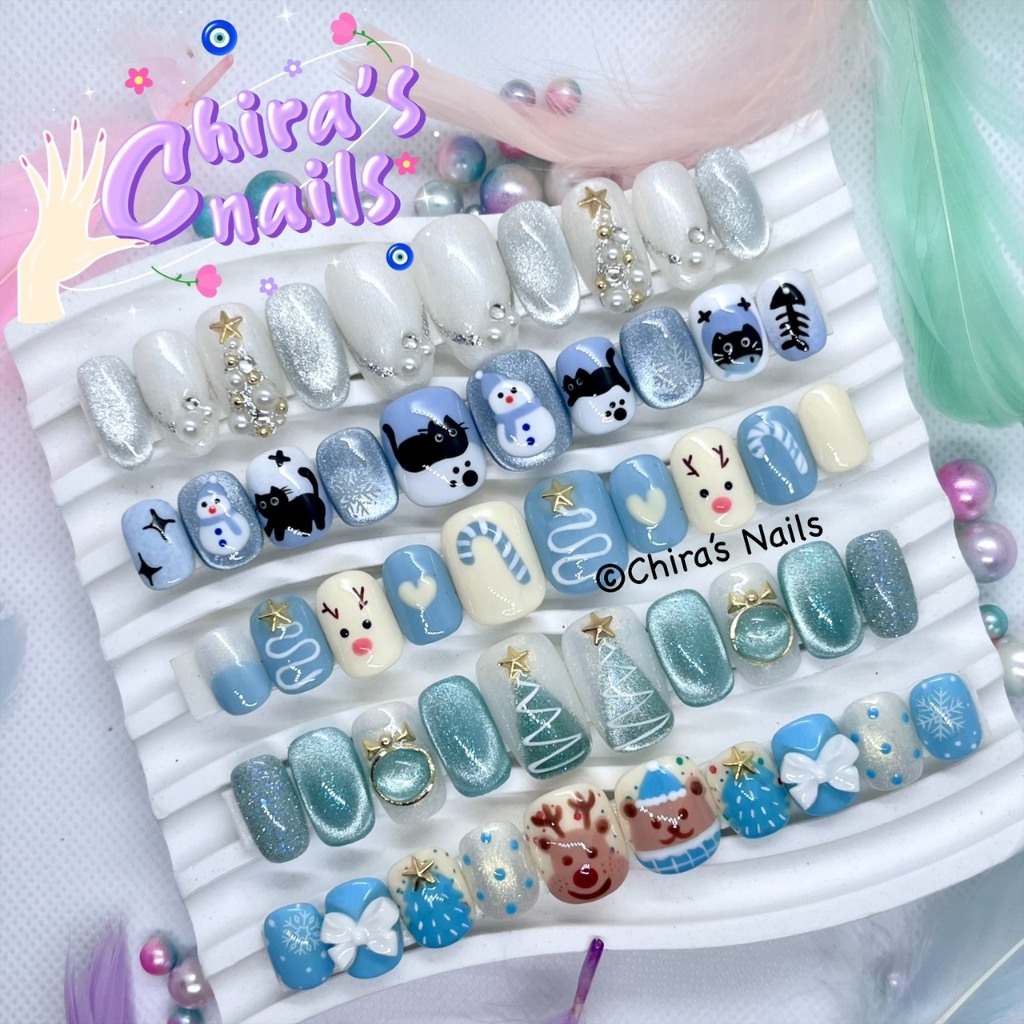 ❄️Sky Blue Winterland⛄️ Christmas 2025 🎄ชุดเล็บปลอมลายคริสต์มาสและสัตว์น่ารัก สีฟ้าและขาว สำหรับตกแต่งเล็บ