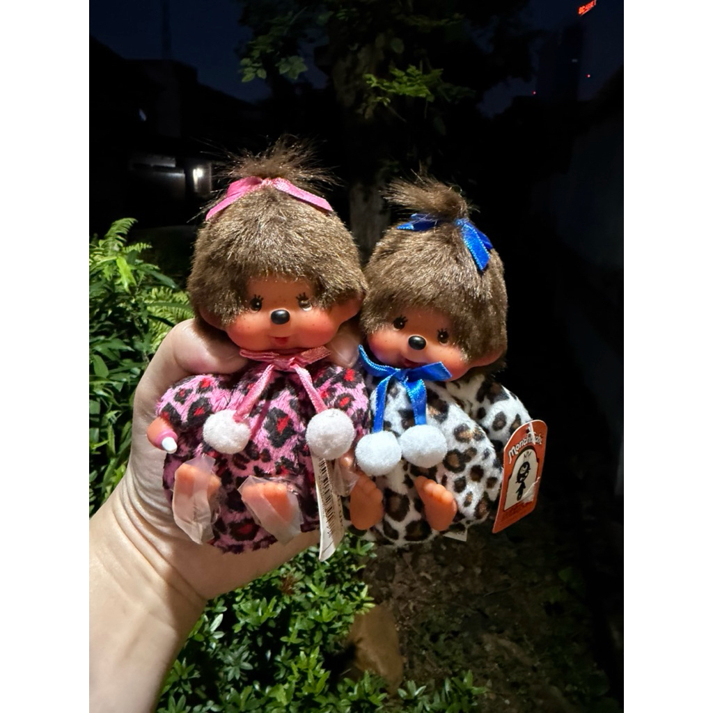 Good Condition of Pair Leopard Beannie Bags Monchhichi Dolls with Tag