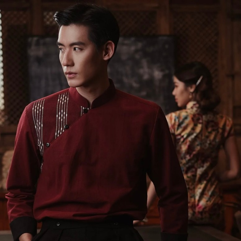 (JUN) Hanfu Shirt เสื้อเชิ้ตผู้ชายฮั่นฝู สีแดงเข้ม - รูปที่ 3