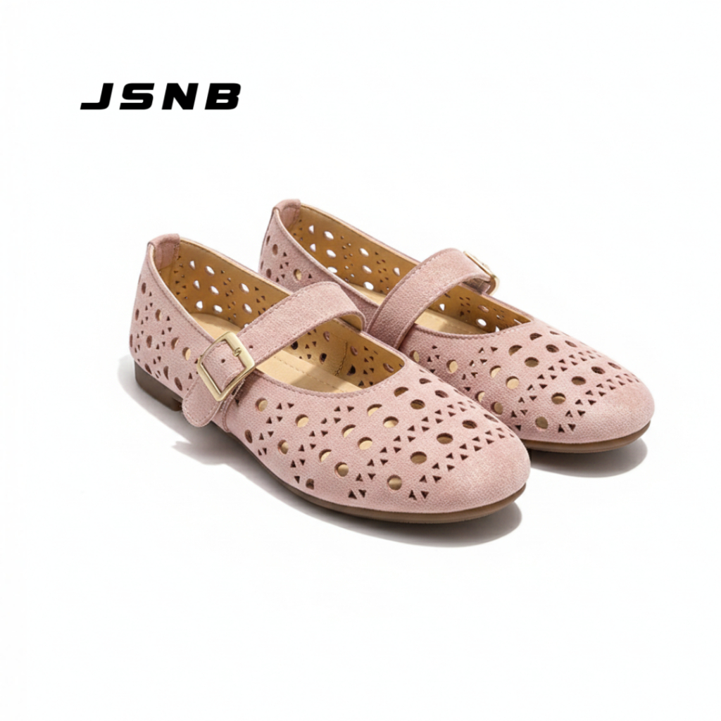 JSNB แท้! รองเท้าส้นแบนผู้หญิง Mary Jane สไตล์เกาหลี | สีเบจ/น้ำตาล คัทชูมีสายคาด ฉลุลาย พื้นนิ่ม SIZE36-40รุ่น [LN7707]