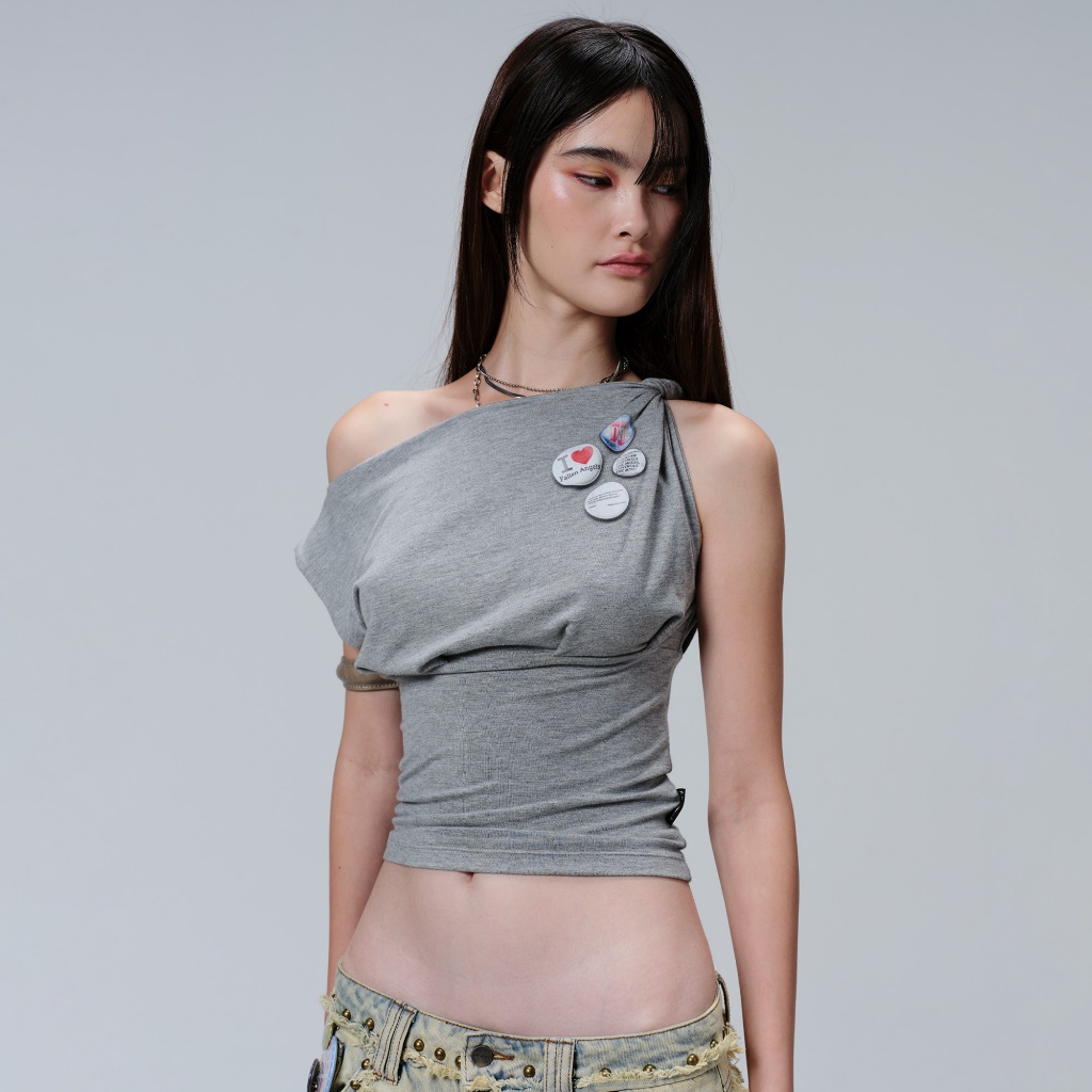 fallen angels MONO PIN TOP (ສີເທົາ) ເສື້ອໄຫຼ່ດຽວ ລາຍດີເທວ Pin ผ້າ Cotton Spandex
