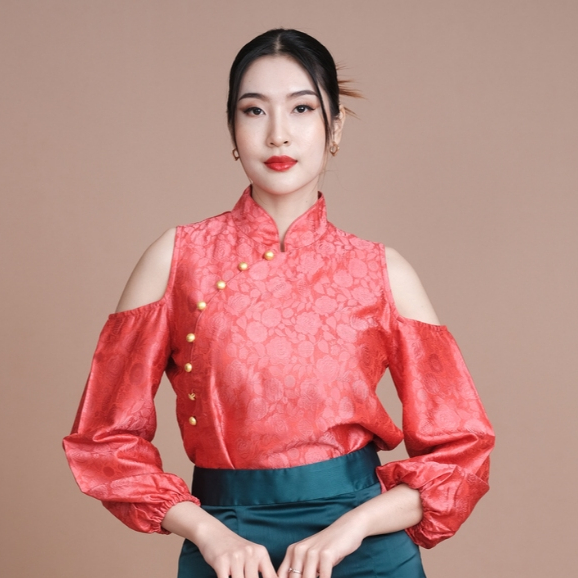 (JUN) Qipao Shirt เสื้อกี่เพ้าคอจีน เสื้อตรุษจีนผู้หญิง สีแดงสด