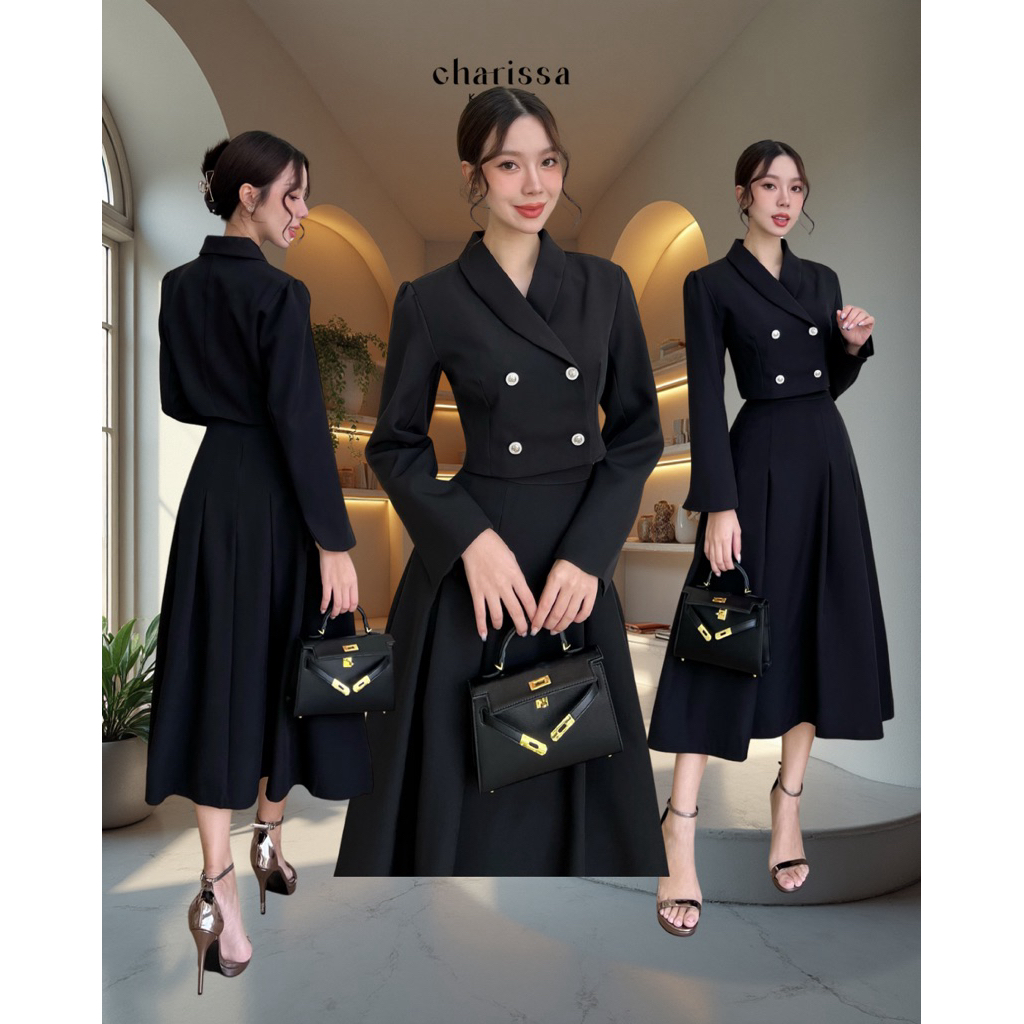 CHARISSA KLOSET setเสื้อครอป+กระโปรงจับจีบ แต่งกระดุมสีทอง กระโปรงมีซับในอย่างดี CODE 11040