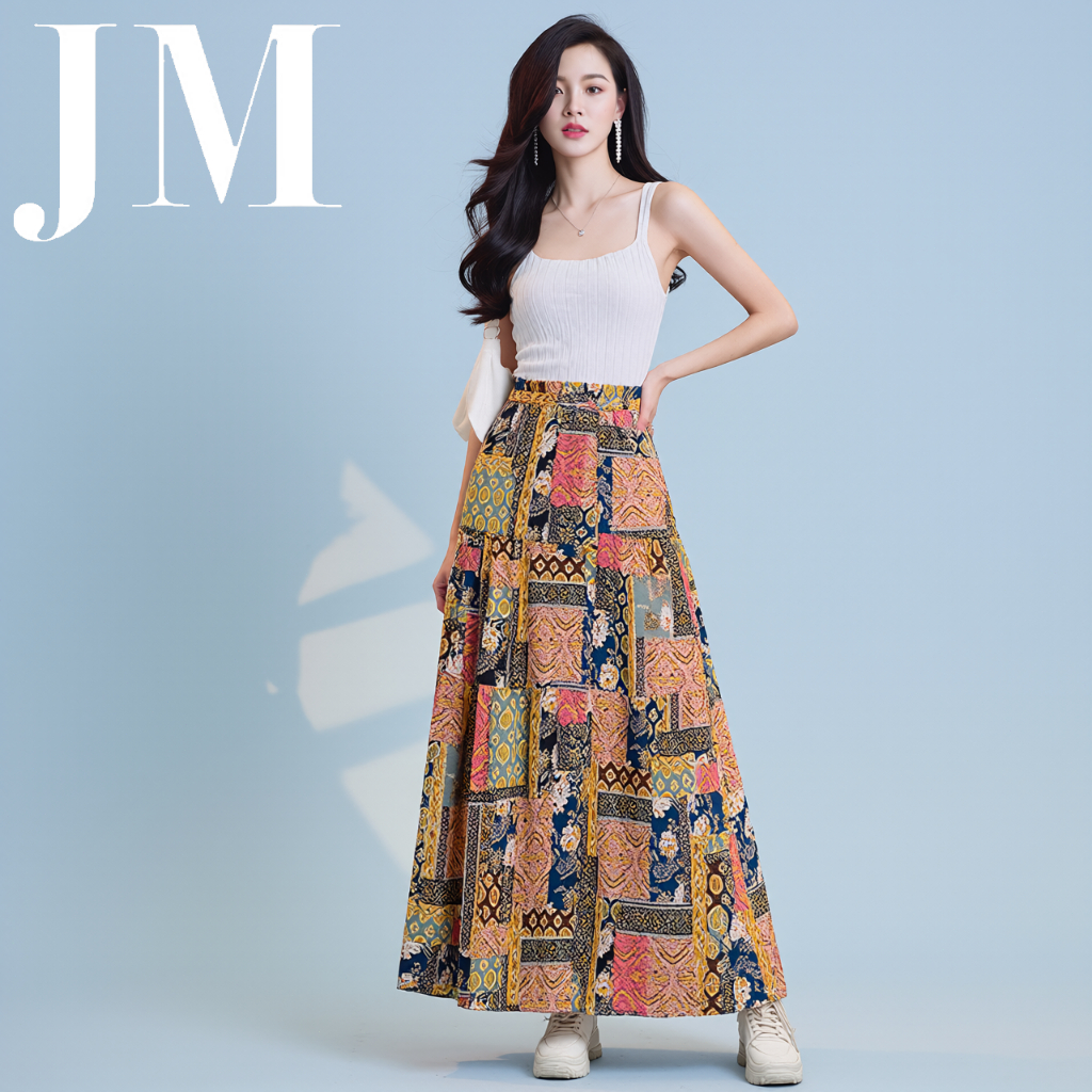 Bohemia skirt กระโปรงเอวสูงดีไซน์ผสมผสานสไตล์โบฮีเมียน 2025 รุ่นใหม่ ทรงบานลายเอธนิกสำหรับวันพักร้อน