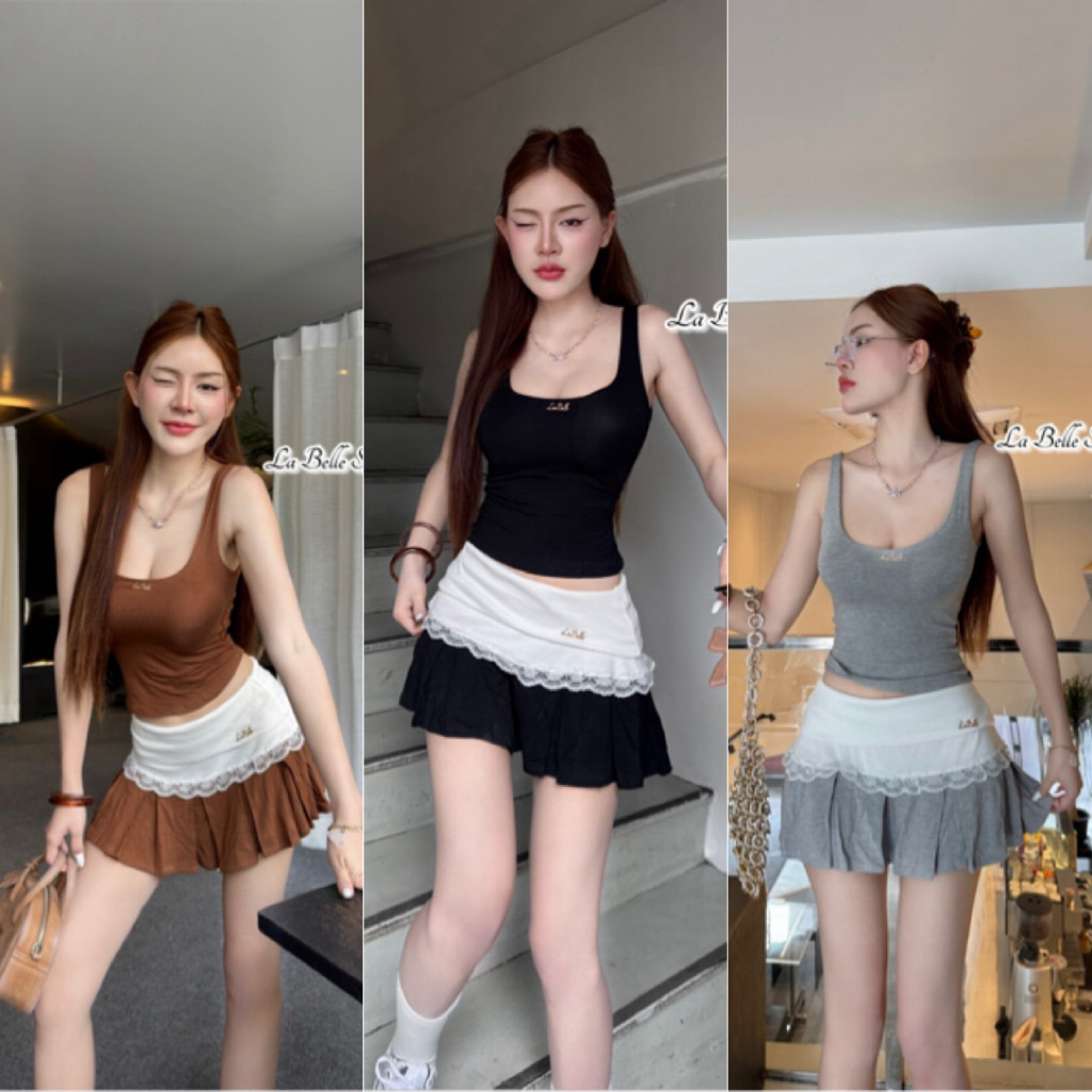ShopBypuy ชุดเซ็ต2ชิ้นกล้าม+กระโปรงงาน2ชิ้นผ้าเรย่อน
