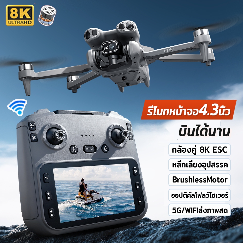 Drone โดรน รีโมทจอใหญ่4.3นิ้ว การส่งภาพผ่าน WIFI 5G Brushless กล้องคู่8K HD ออปติคัลโฟลว์โฮเวอร์  เลนส์ ESC 90°