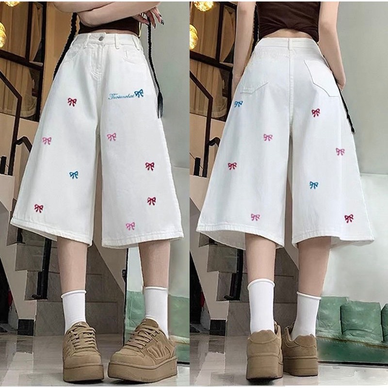 พร้อมส่ง S-10XL กางเกงยีนส์ 7 ส่วน 4 กระเป๋า งานปักโบว์ ผ้ายีนส์นิ่มไม่บางระบายอากาศได้ดี ราคา ถูกที่สุด ดีลบีเคเค