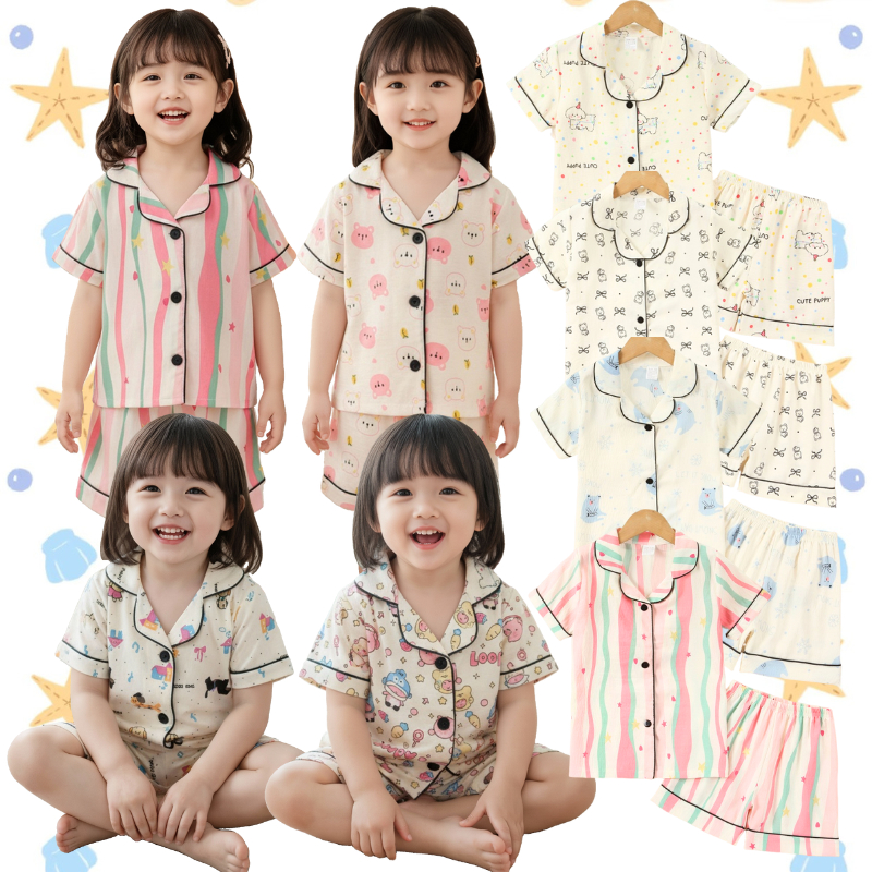 🔥【90-130cm】 พร้อมสต็อก เด็กเวลา ผ้าฝ้าย เสื้อผ้าบ้าน เครื่องปรับอากาศ เสื้อผ้าหญิงเด็ก ชุดนอนแฟชั่นเด็ก เสื้อผ้าอย่างร