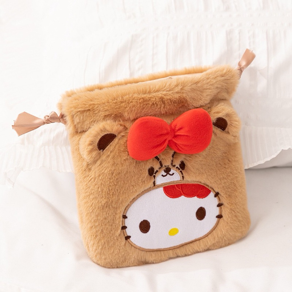 กระเป๋าหูรูด ถุงผ้าหูรูด Kitty มีโบ ใส่ของใช้ เครื่องสำอาง พกพาง่าย ขนนุ่ม