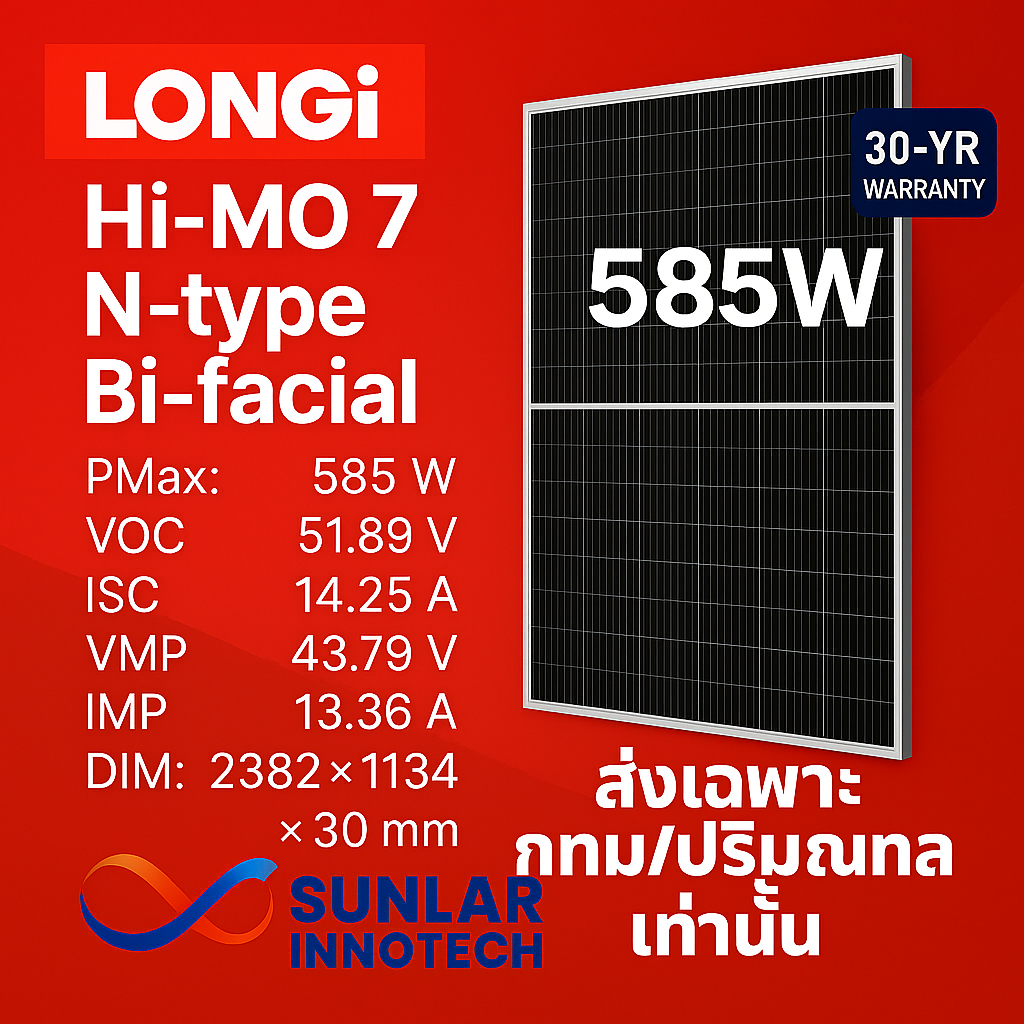 แผงโซลาร์เซลล์ LONGi Hi-MO 585W–650W | ส่ง กทม/ปริมณฑลเท่านั้น | ส่งต่างจังหวัด เลือกรายการอื่น