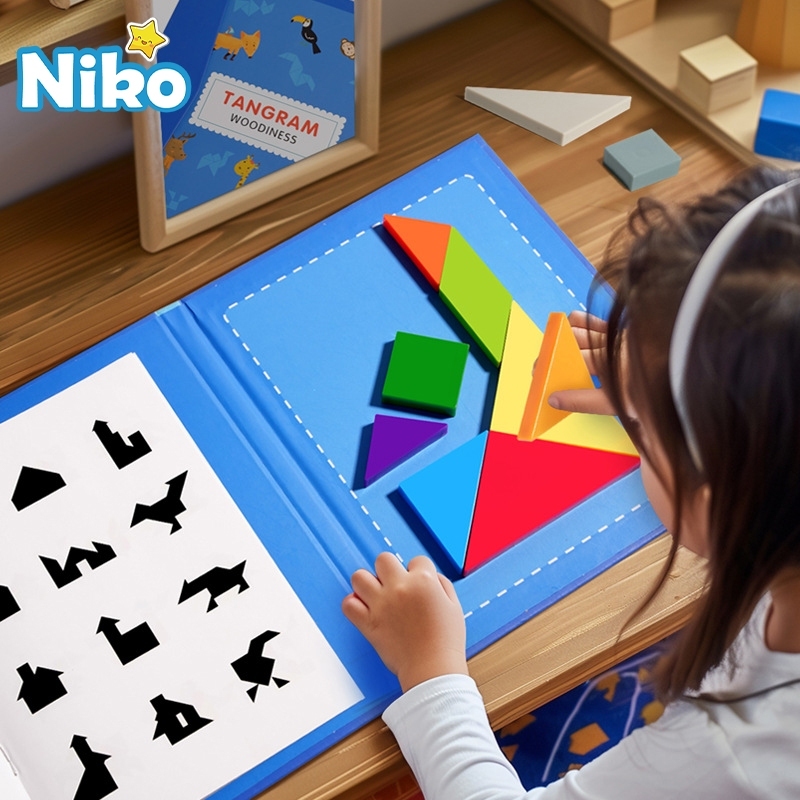 NIKO ชุดต่อรูปทรงเรขาคณิตไม้แม่เหล็ก ของเล่นศึกษาเรียนรู้แบบมอนเตสซอรี เกมกระดานสำหรับเด็ก 3-8 ขวบ ของขวัญส่งฟรี