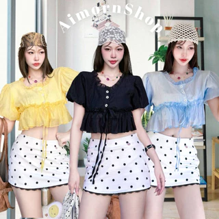 🔥aimorn_shop🔥เสื้อครอปคอเหลี่ยม แต่งระบายน่ารักๆ ผูกโบว์ด้านหน้า ทรงสวยมาก ดีเทลแขนพองทรงสวย