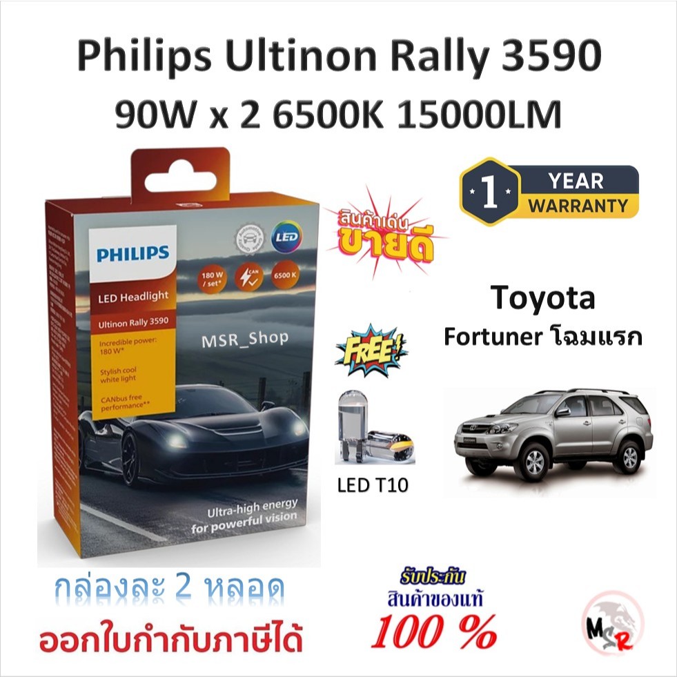 Philips หลอดไฟหน้ารถยนต์ Ultinon Rally 3590 LED 90W x 2 6500K 15000LM Toyota Fortuner โฉมแรก