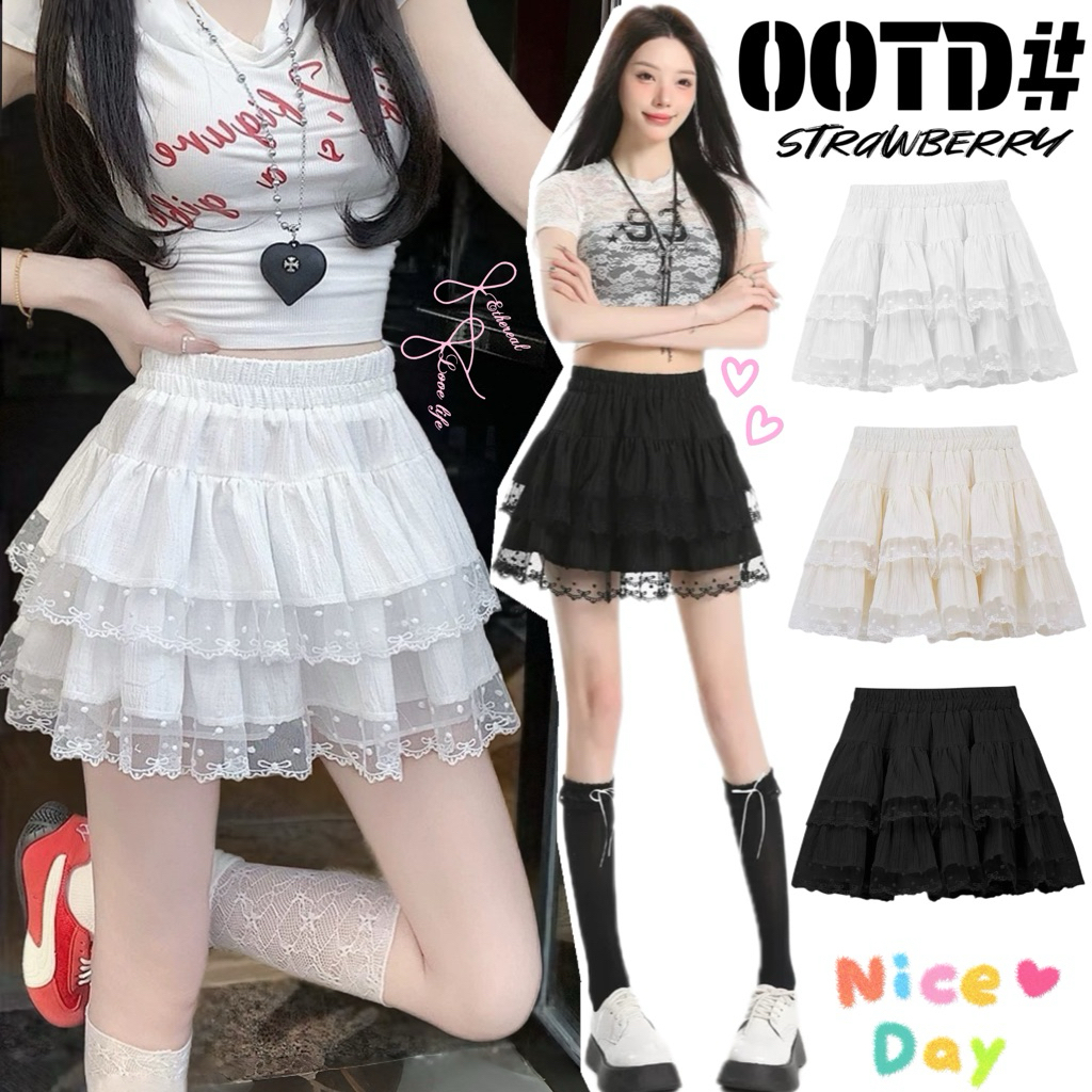 STR พร้อมส่ง✨💗กระโปรงสั้น กระโปรงทรงเอเอวสูง แต่งลูกไม้น่ารัก มีกางเกงในซับในระบาย2ชั้นminiskirtเอวสม็อคแฟชั่นผู้หญิง