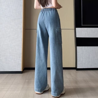 S~5XL Jeans Blue Elastic waistband pants กางเกงทรงตรงสีน้ำเงินแบบเทรนด์ กางเกงขายาวสวมสบาย Baggy jeans HOT