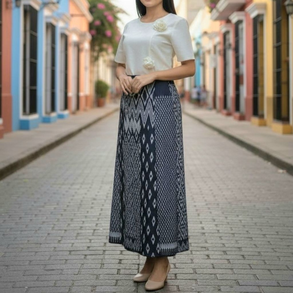 กระโปรงแฟนซีโทนดำ เอวผูกทรงเอ ใช้ผ้า 15 ชิ้นเย็บเรียงต่อกันสลับลาย