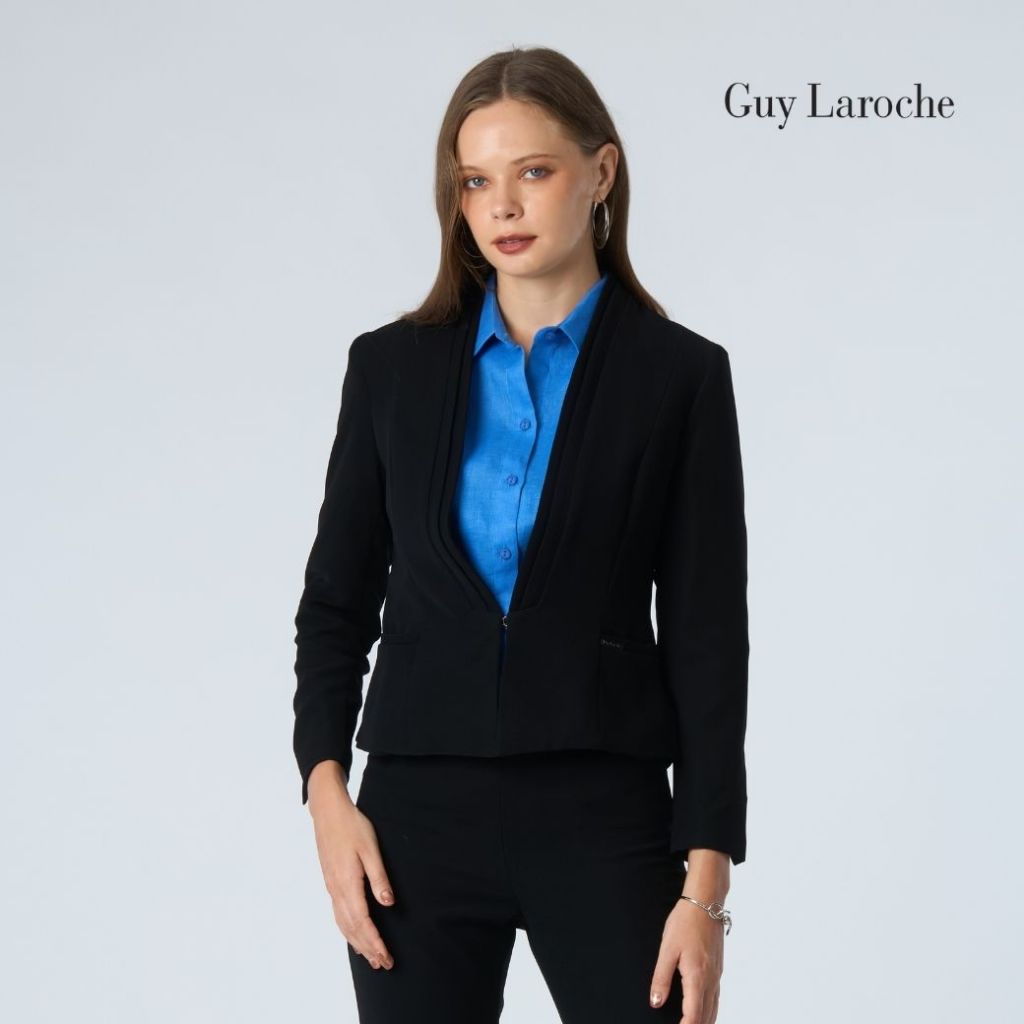 Guy Laroche แจ็คเก็ตทำงานผู้หญิง คอวี เข้ารูป แขนยาว ทรงครอป สีดำ G9R2BL