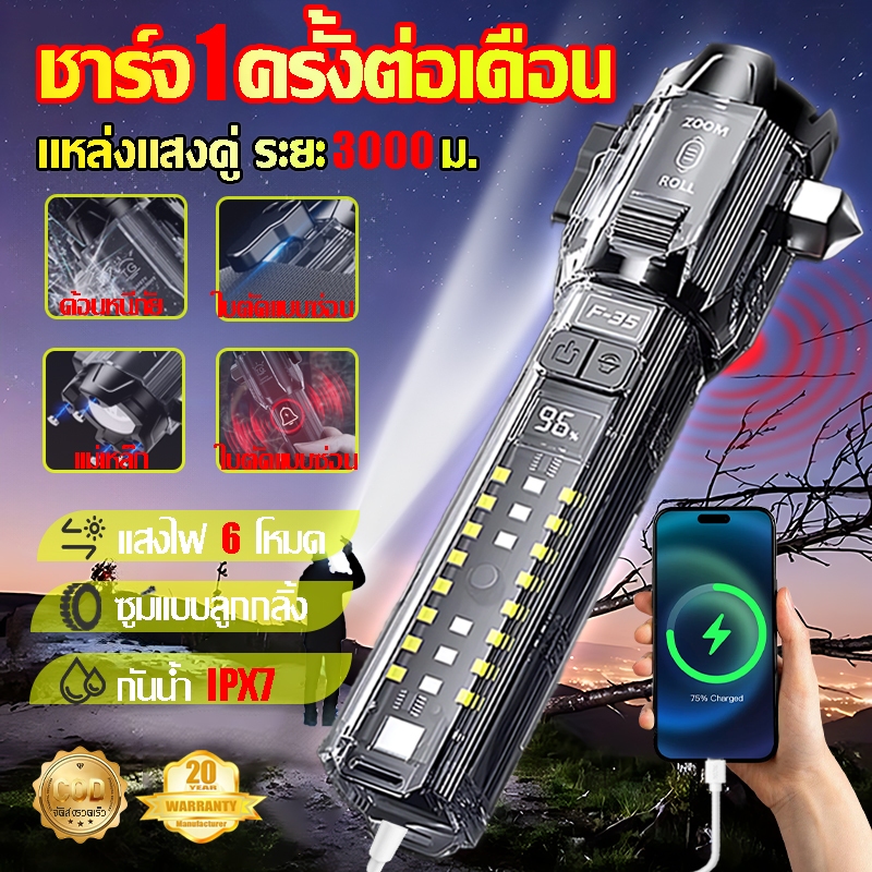 🔥รับประกัน 20ปี🔥ไฟฉาย ไฟฉายพกพา ไฟฉายแรงสูง ซูมแบบลูกกลิ้ง แหล่งแสงคู่ สัญญาณเตือน dBสูง ไฟฉาย led ไฟฉายกลางแจ้ง