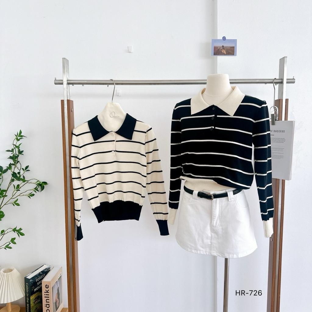 เสื้อกันหนาวไหมพรมแขนยาวลายริ้วคอปกกระดุมสไตล์เกาหลีมินิมอลไหมพรมเนื้อนุ่มใส่สบายนุ่มเด้ง(อก33ยาว20)