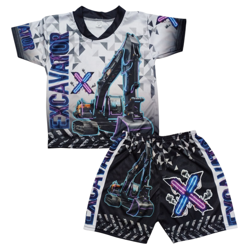 ชุดเด็ก ลายรถแม็คโคร รถแบคโฮ รถสิบล้อ ผ้ามันไมโคร ไซส์ S ,M, L