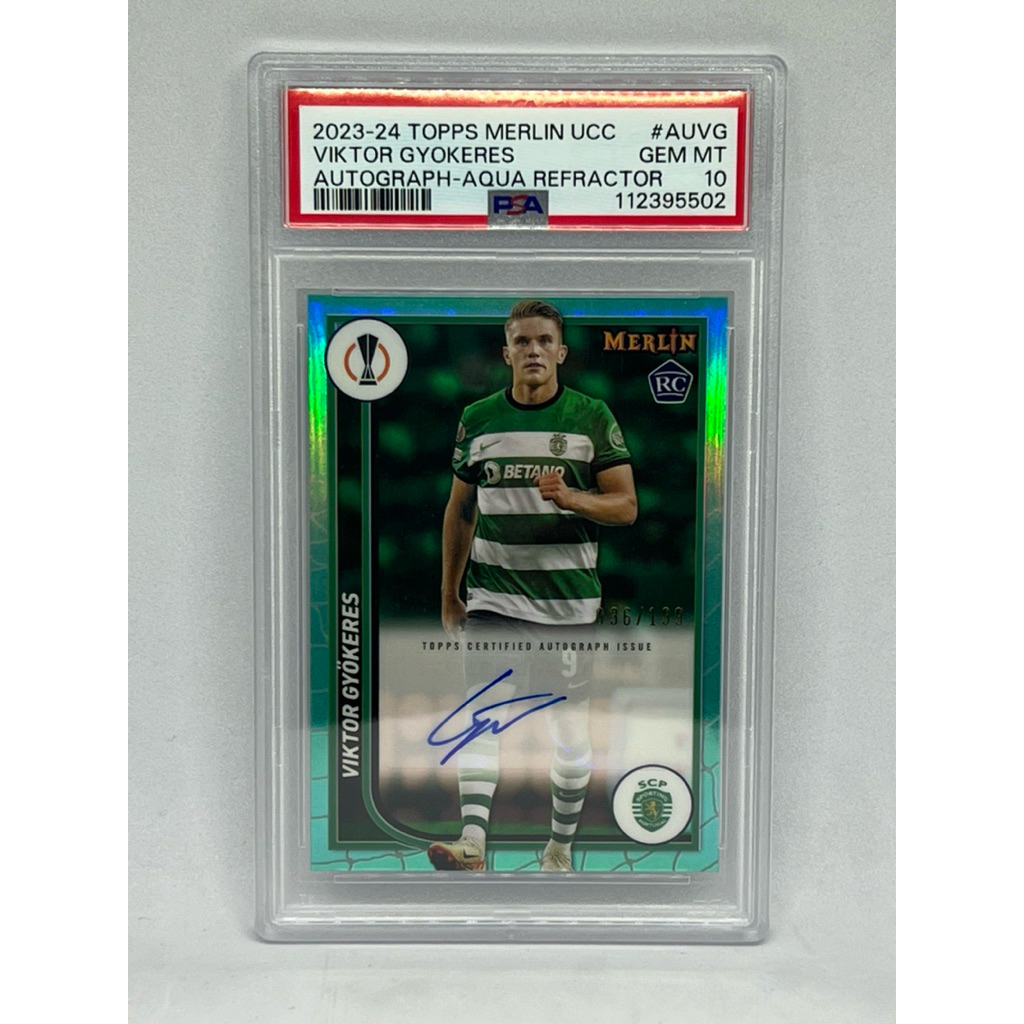 การ์ดฟุตบอล Topps 2023 - 2024 Merlin Soccer Viktor Gyokeres RC Aqua /199 Autographed PSA 10