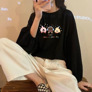 เสื้อแขนบอลลูนสาวอวบ oversize เสื้อผ้าสาวอวบแฟชั่นมาใหม่ ลายการ์ตูนน่ารัก เสื้อยืดแขนยาวผู้หญิงที่กําลังฮิต ฤดูร้อนใหม่