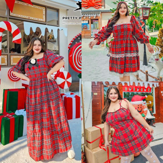 /PF/ เดรสสก็อตแดง3สไตล์ มีไซส์อก46-60 ผ้าทอเนื้อดี ดึงยางหลั…