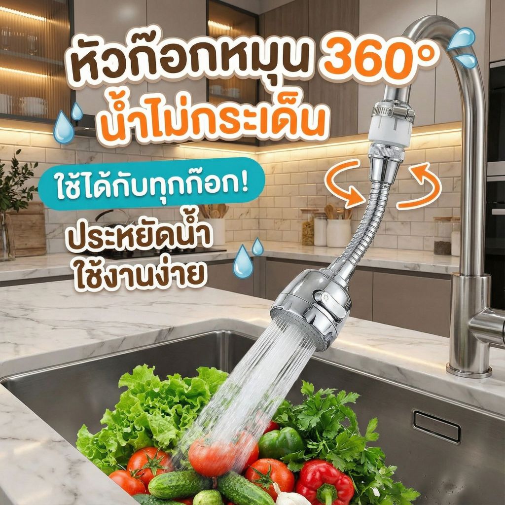 หัวต่อก๊อกล้างจานน้ำแรงขึ้น ไม่กระเด็นเลอะ หมุนอิสระ 360° ประหยัดน้ำสุดคุ้ม