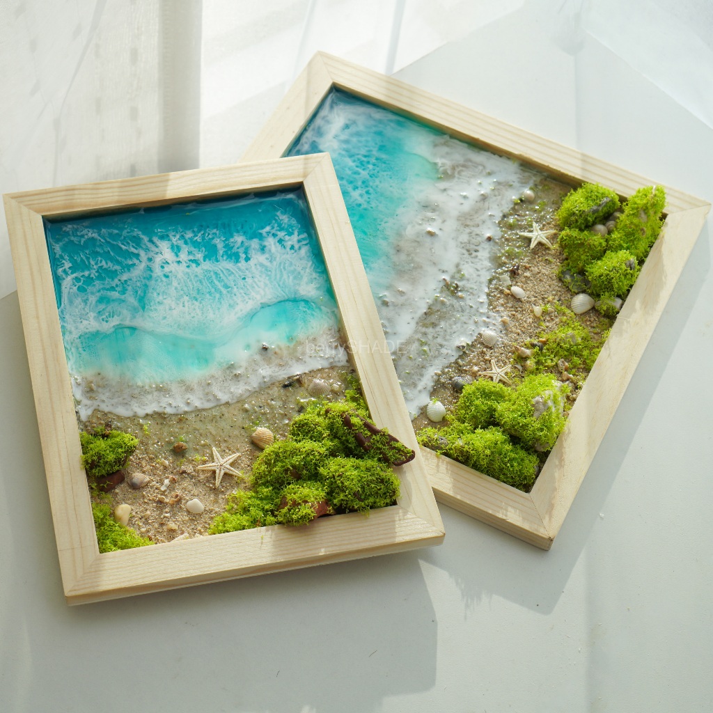 กรอบรูปทะเล กรอบรูปไม้ เรซิ่นอาร์ต เปลือกหอย หาดทราย คลื่น เรซิ่น กรอบรูปเปลือกหอย Resin Handmade Frame กรอบรูปเรซิ่น