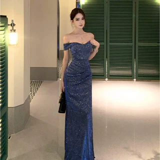 แม็กซี่เดรส กลิตเตอร์ เปิดไหล่ ผ้าสตาร์แกลมเมอร์ วิบวับ ผ่าหน้าข้างซ้าย เซ็กซี่ ชุดปีใหม่ หรูหรา ทรงเข้ารูป #1452