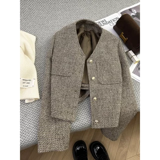 สีดํา Blazer เบลเซอร์ ผู้หญิง ผ้าทวีต สไตล์คุณหนู มีซับในตัว งานสวยหรูหรา เสื้อคลุม ดีเทลแต่งกระเป๋า แขนยาว