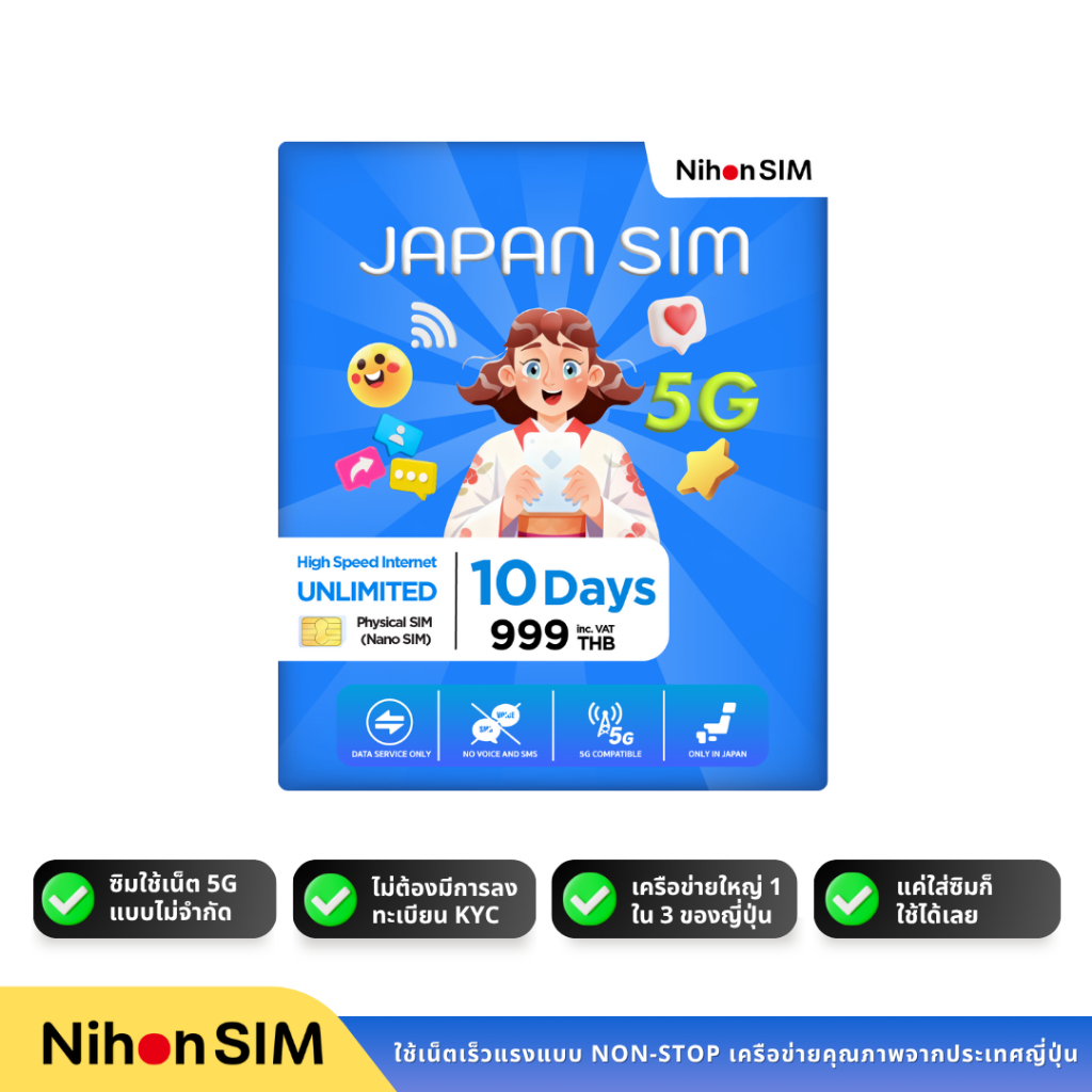 NihonSIM 10 Days ซิมเน็ตญี่ปุ่น 5G Max Speed Unlimited **เช็ควันหมดอายุก่อนสั่งซื้อ**