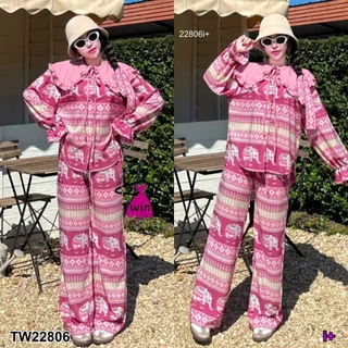 Set 3 ชิ้น เสื้อช้างปกใหญ่ แขนพอง + กางเกงช้างขายาว กับ สายผูก TT22806