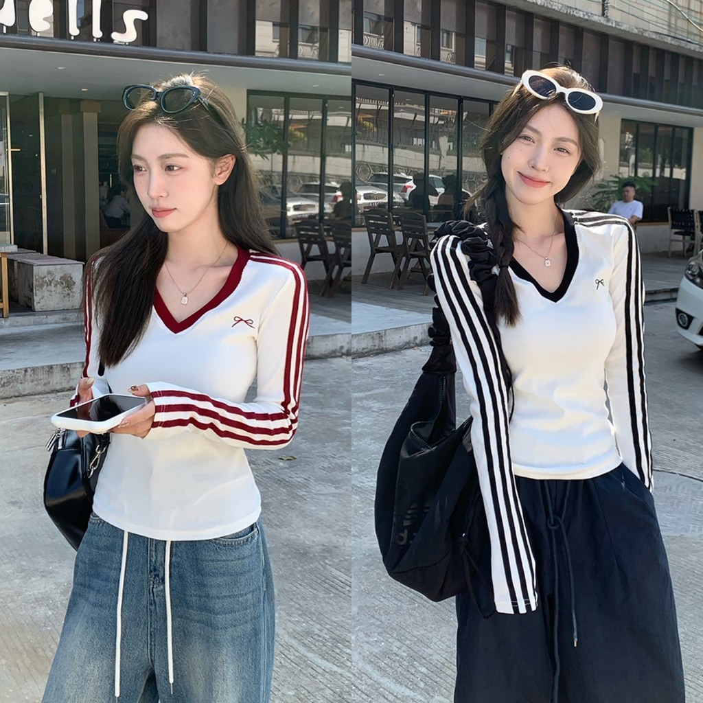 Hotgirl พร้อมส่ง เสื้อยืดคอวีสีตัดสไตล์เกาหลี แขนยาวลำลองสตรีทรงเข้ารูปพอดีตัว