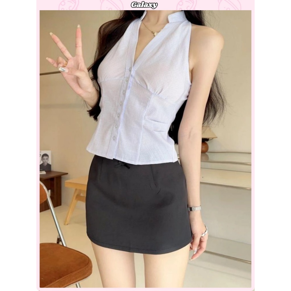 เสื้อแขนสั้นผู้หญิง เสื้อครอบ คอV แบบเก๋ สไตล์เกาหลี ใส่แล้วดูผอม #020410