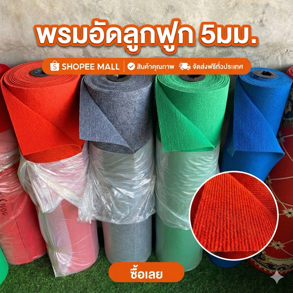 พรมแบ่งขาย พรมลูกฟูกหนา 5มม.สำหรับตกแต่งร้าน พรมจัดงาน พรมเวที พรมทางเดิน พรมปูไก่ชน งานDIY แบ่งขายยาวชิ้นละ 1เมตร