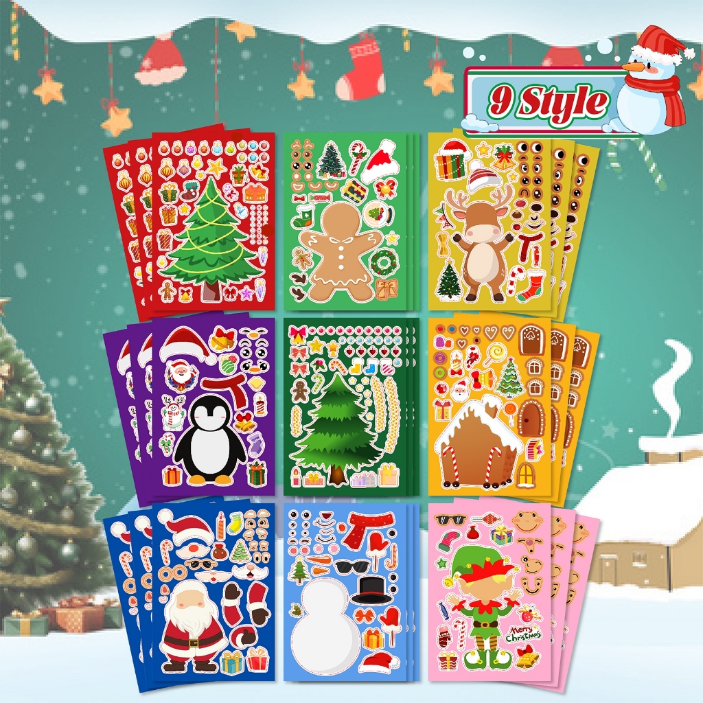 9PCS สติกเกอร์คริสต์มาสสำหรับเด็ก, สติกเกอร์ใบหน้า Stuffers ถุงเท้าคริสต์มาสสำหรับเด็ก, งานฝีมือกิจกรรมของขวัญ Goodie กร