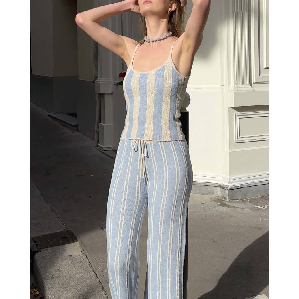 knitCircle - PIER Trousers x Circular กางเกงขายาว ไหมพรม ลายทอ Jacquard สลับสีแนวตั้ง เอวยางยืดพร้อมเชือกรัดเอว