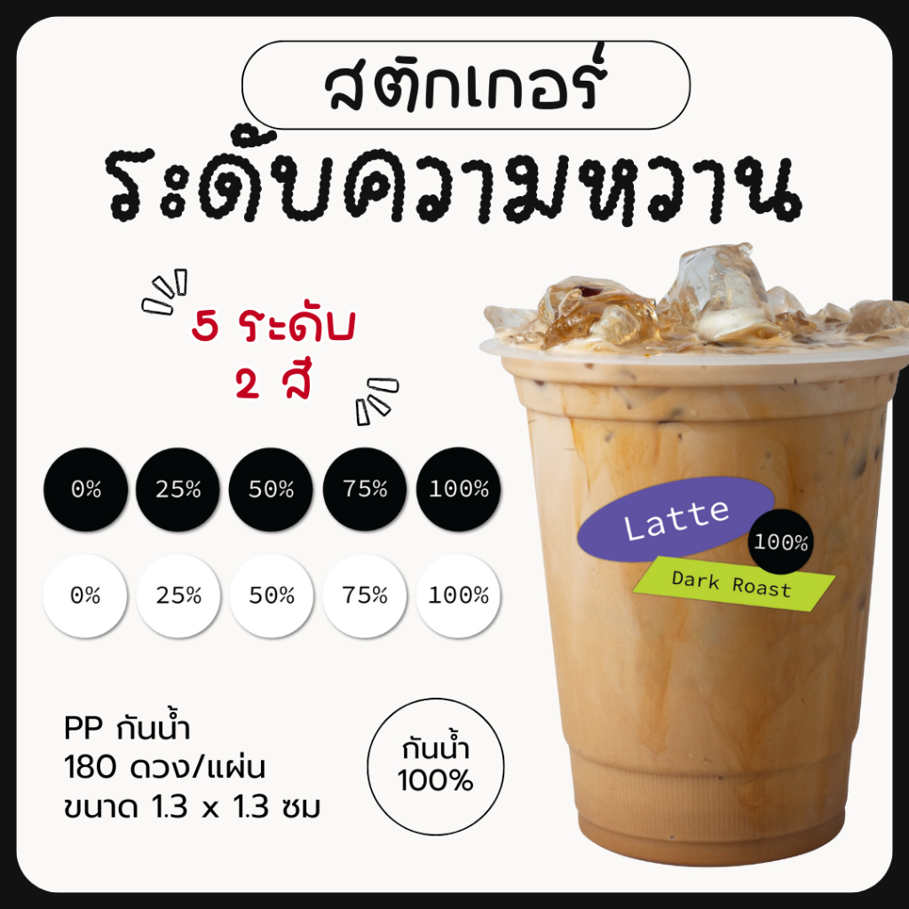 สติกเกอร์ระดับความหวาน ติดเครื่องดื่ม ร้านกาแฟ ชา กันน้ำ 100% 180ดวงต่อแผ่น