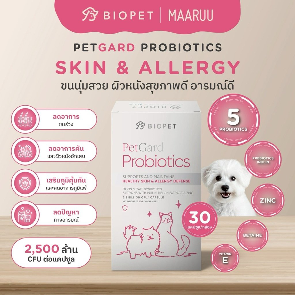 Biopet PetGuard Probiotics สูตร Skin & Allergy เสริมภูมิคุ้มกัน ลดภูมิแพ้ ลดคัน ผิวหนัง+ขน โพรไบโอติกส์สำหรับสัตว์เลี้ยง