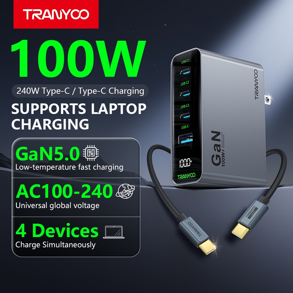 TRANYOO  US10 TIS Certified 4-Port 100W GaN Ultra-Fast Charger with Digital Display; GaN Charger 240W Charging Cable