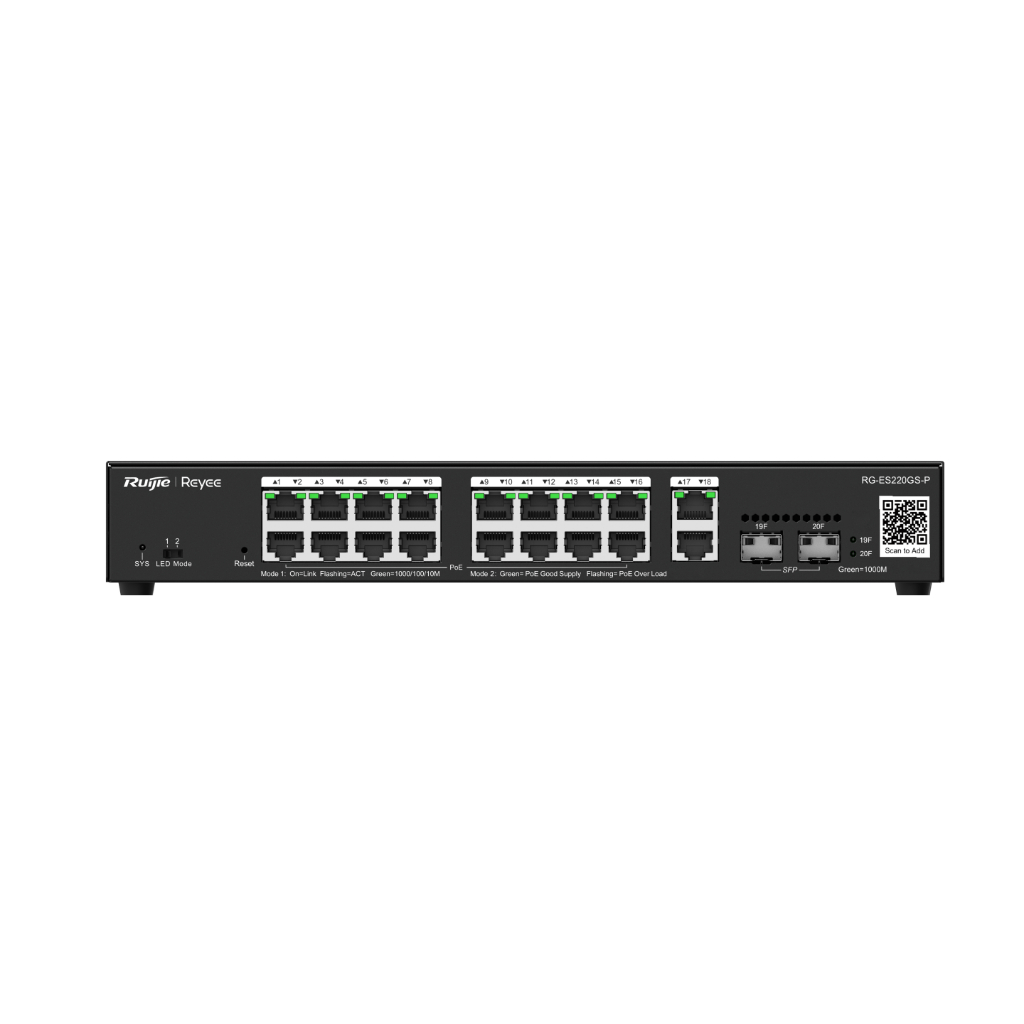 Ruijie RG-ES220GS-P 20-Port Gigabit Smart Cloud Managed PoE Switch with 16 PoE+ Ports, 2 RJ45 Ports,