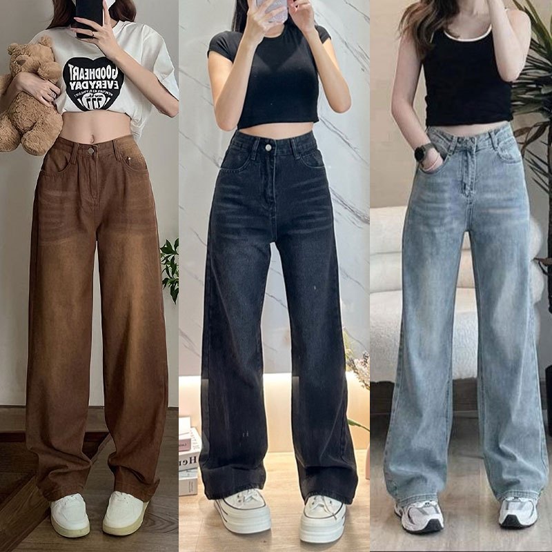 🌺919JEANS🌺กางเกงยีนส์วินเทจ Fade Long Tube กางเกงยีนส์ผู้หญิง กางเกงยีน ทรงหลวม