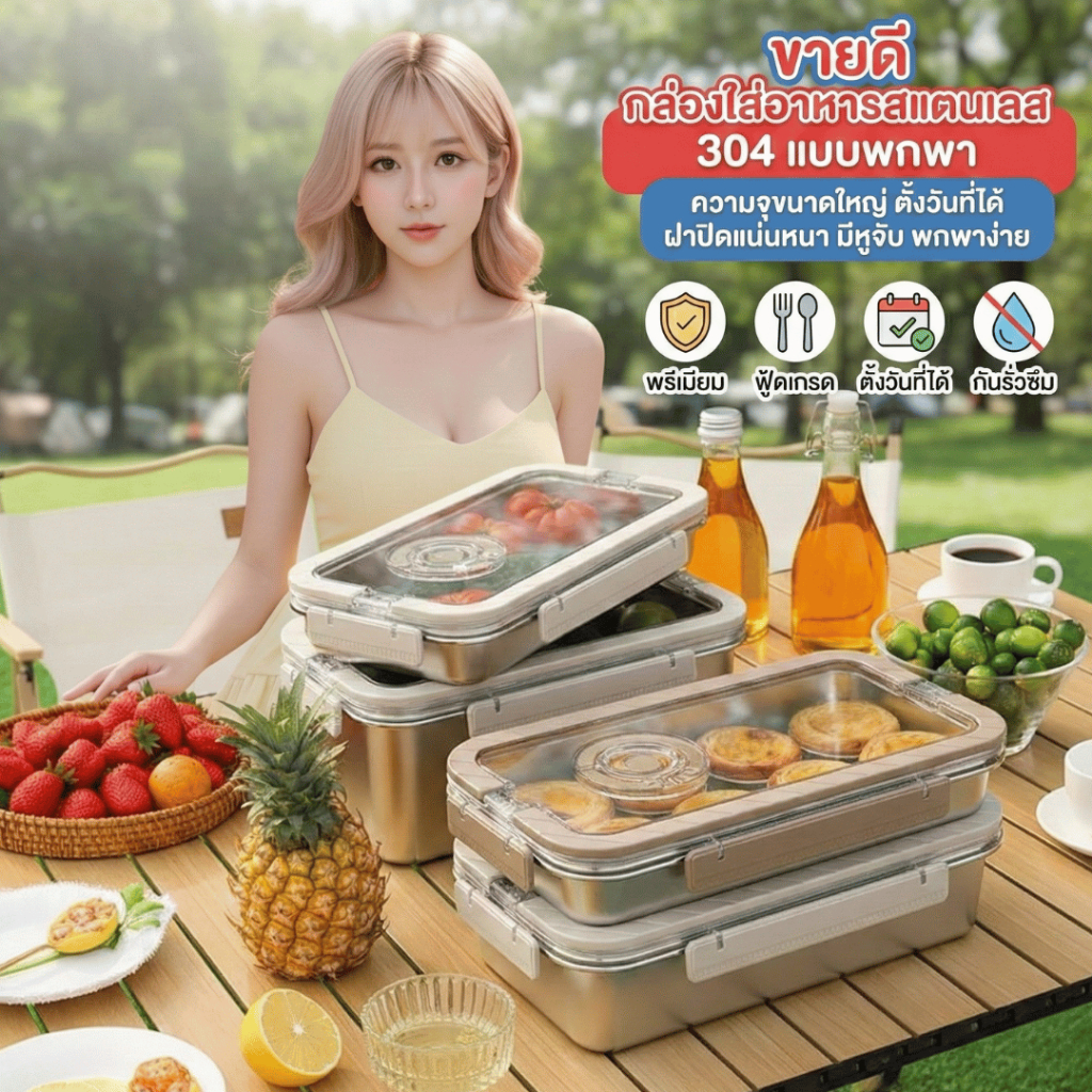กล่องใส่อาหารสแตนเลส 304 ความจุขนาดใหญ่ รุ่นหนา มีแถมขอบยาง  กันรั่วซึม ฝาปิดล๊อค4ด้าน มีหูจับ พกพาง่าย ตั้งวันที่ได้