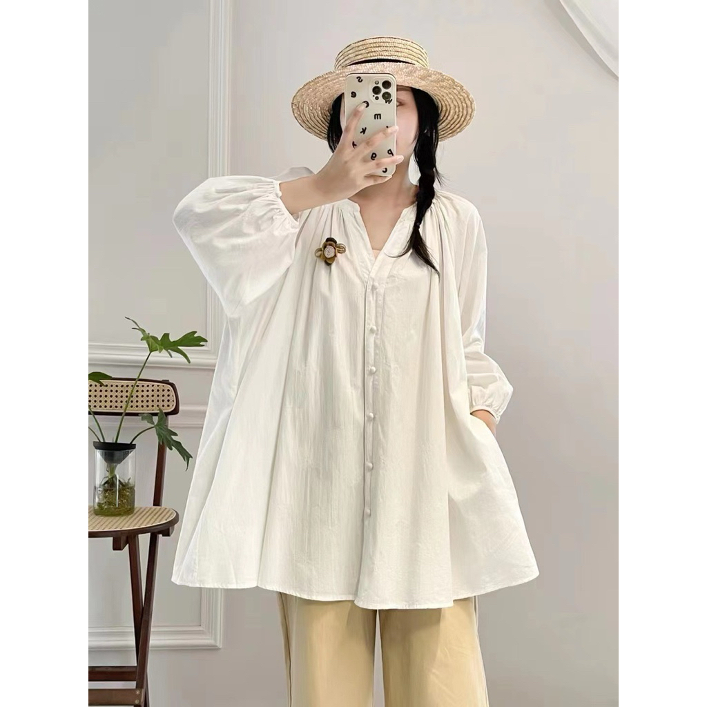 เสื้อคอวี ทรงปล่อย กระดุมหน้า 57“ OverSize ทรงใหญ่ แขนห้าส่วน สไตล์มินิมอล ญี่ปุ่น เกาหลี เสื้อไปทะเล ภูเขา ภาคเหนือ