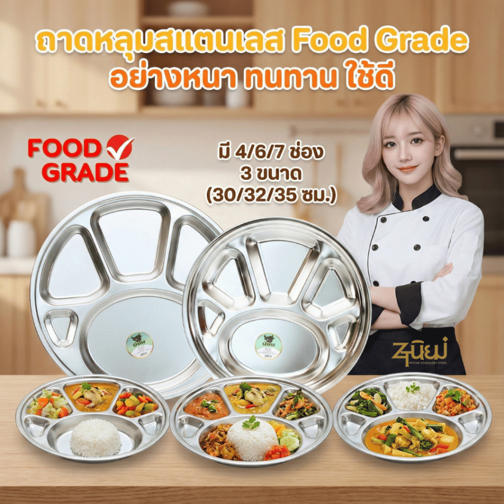 ZTนิยม ถาดหลุมสแตนเลสอย่างหนา ถาดหลุมใส่อาหาร 4/6/7ช่อง แบบกลม มี 3ขนาด 30/32/35 ซม.