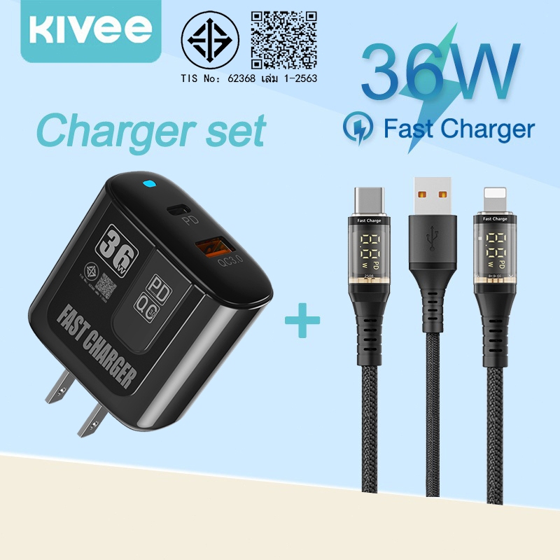 KIVEE Fast charger ชุดชาร์จเร็ว 36W PD QC3.0 Type C USB จอแสดงผลดิจิตอล สายชาร ชาร์จเร็ว for i15 i16 i17