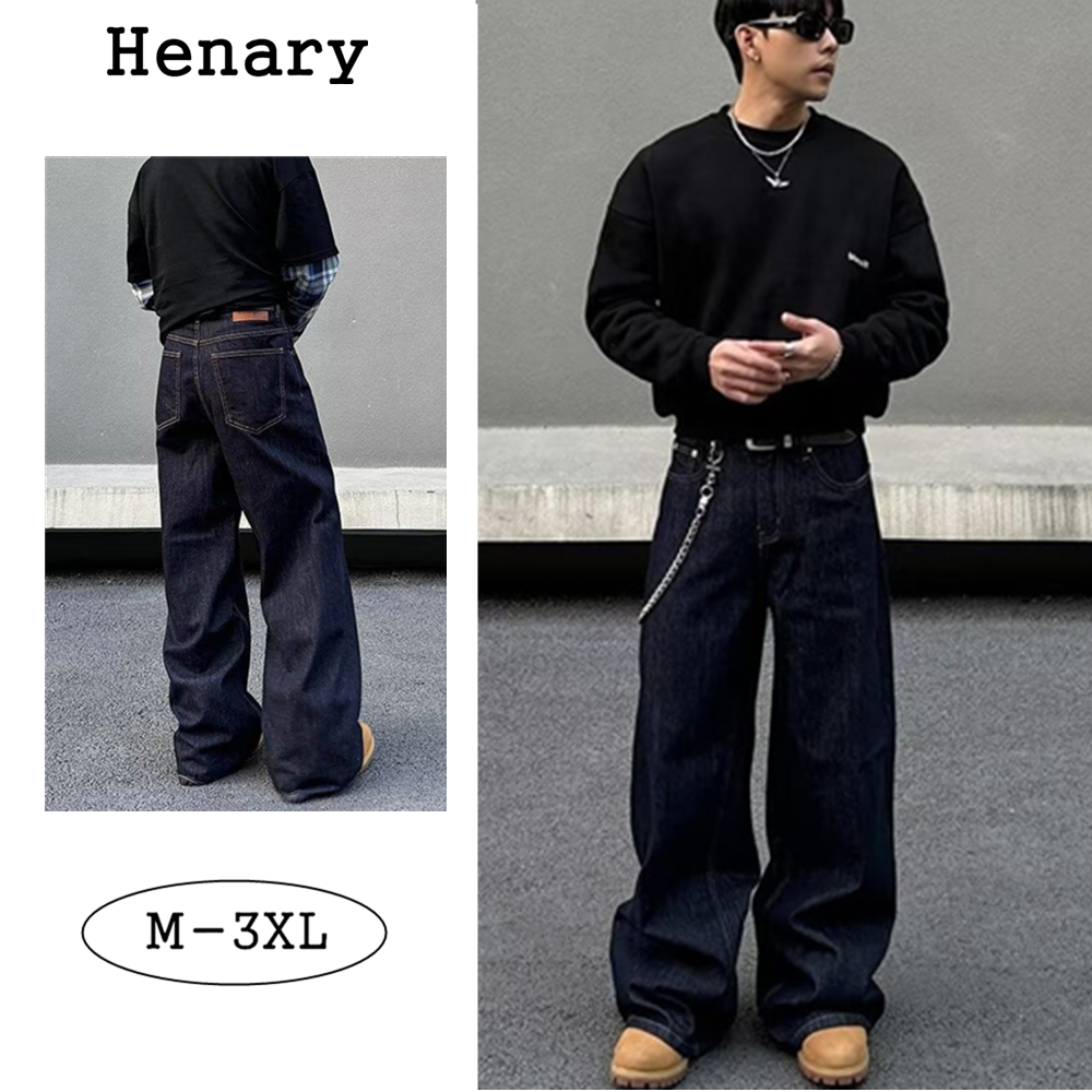 Henary กางเกงยีนส์ผู้ชาย สไตล์วินเทจอเมริกัน สตรีทฟัช ทรงขาตรง ทรงหลวม กางเกงยีนส์ขายาว สีดำ ไซส์ M-