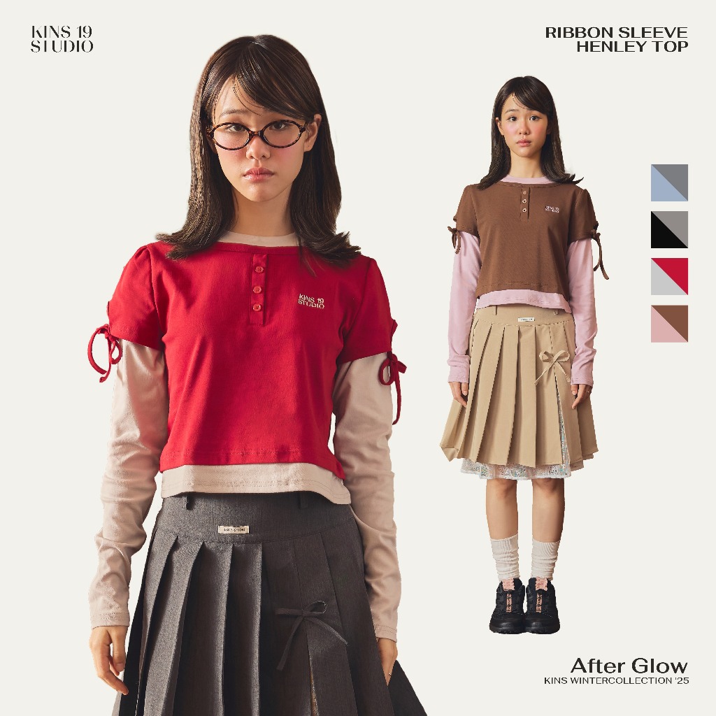 KINS 19 STUDIO | KINS Ribbon Sleeve Henley Top เสื้อแขนยาวผู้หญิงคินส์ [KN143]